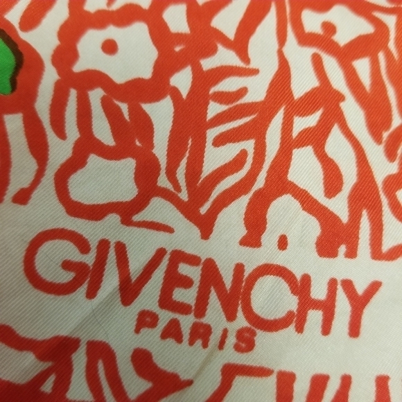 {26" X 26"} Vintage Givenchy Paris Scarf Abstract Orangy-Red Green Purple White - Picture 3 of 13
